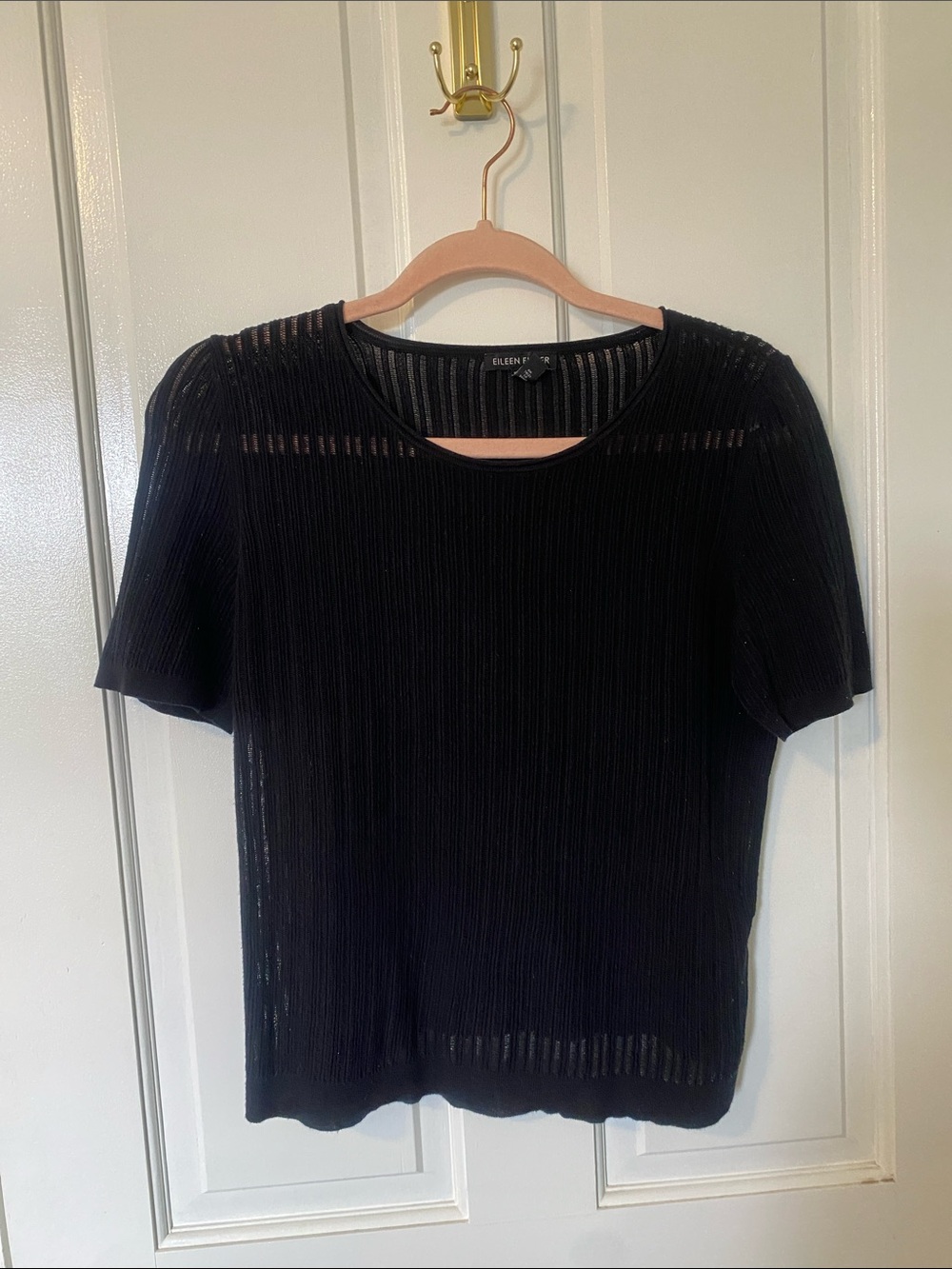 Eileen Fisher Black Sheer Knit Short-Sleeve Top